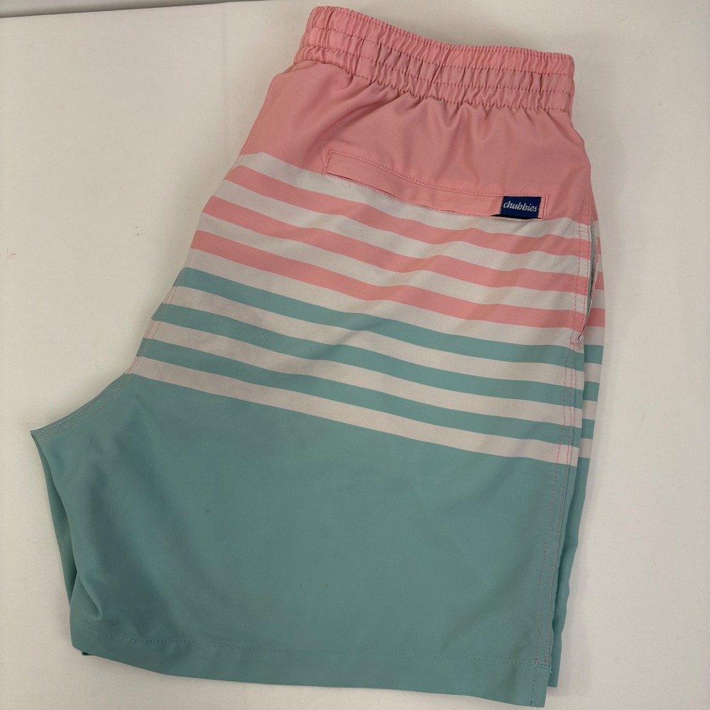 Chubbies Mens The On The Horizons Mesh Lined Pink Blue Striped Swim Trunks XL